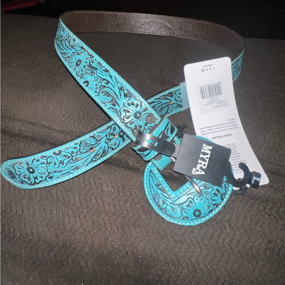 Myra Bag Turquoise Tooled Floral Leather Belt